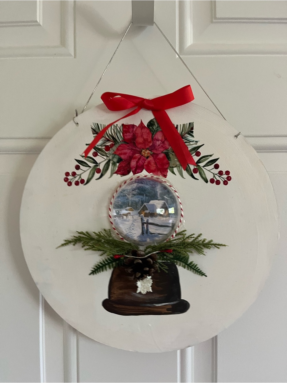 White Holiday Door Wreath Accent with Red Poinsettia and Snow Globe